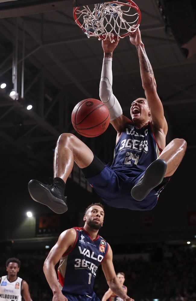 Adelaide 36ers’ import forward Jacob Wiley dunks. Picture: SARAH REED