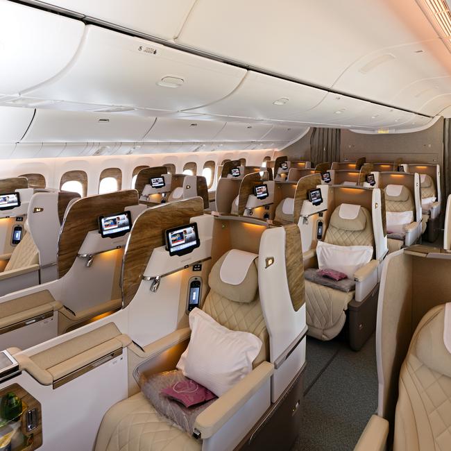 Emirates Boeing 777 business class cabin.