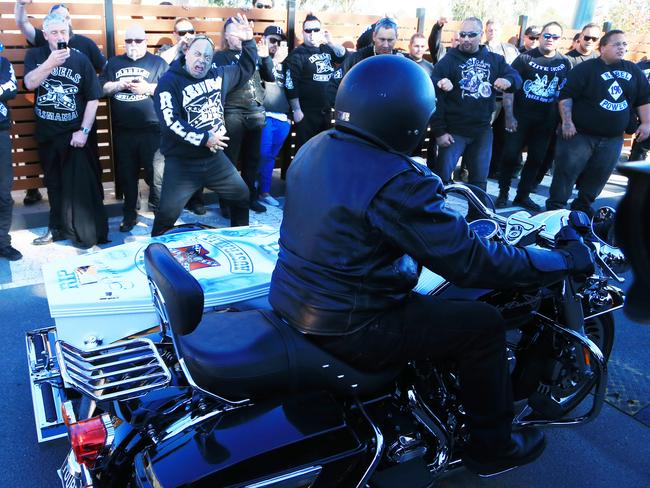 Rebel’s bikies do the Haka as the procession leaves the church.