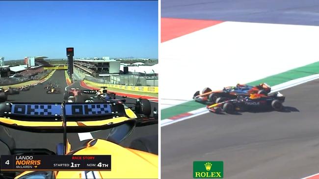 The Turn 1 incident on the left and the Lap 52 incident on the right. Photo: Fox Sports.