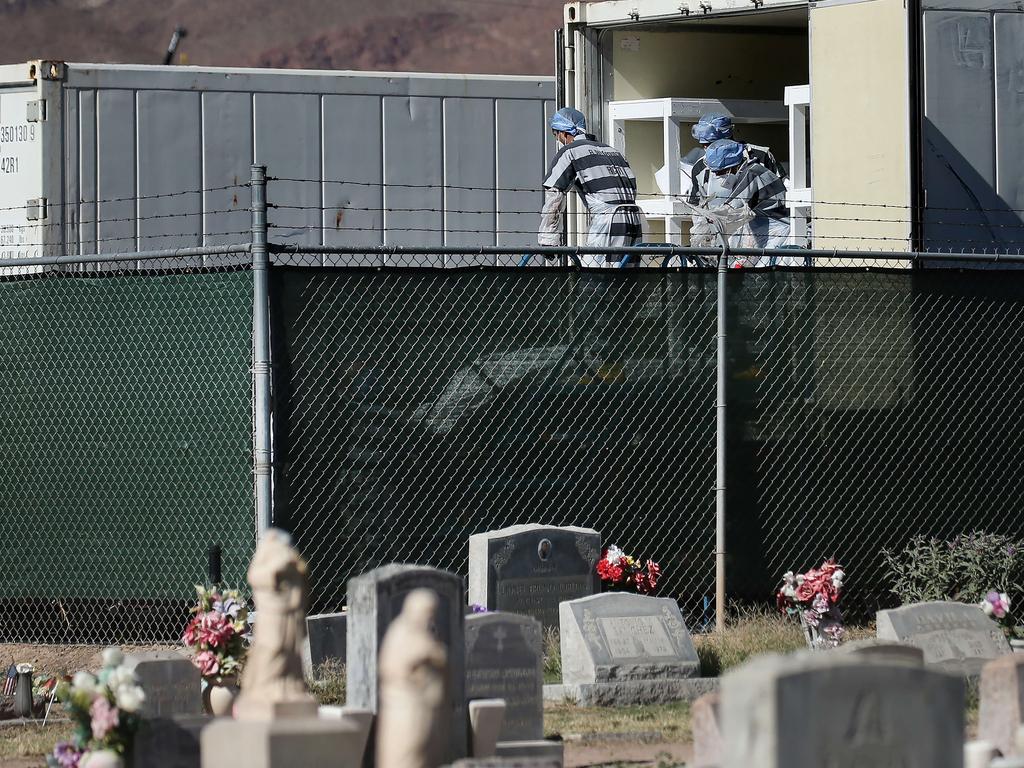 The makeshift morgue in front of a cemetery. Picture: Mario Tama/Getty Images/AFP