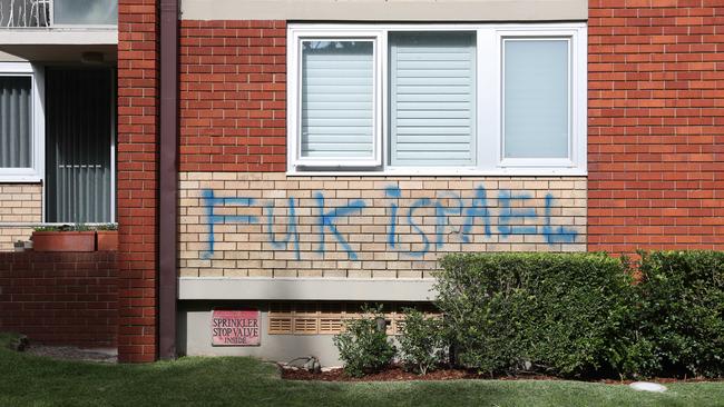 A building in Woollahra vandalised with anti-Israel graffiti on November 21. Picture: Liam Mendes