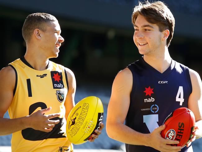 MELBOURNE, AUSTRALIA - JULY 02: Ian Hill of Western Australia (left) chats to Rhylee West of Vic Metro during the 2018 NAB AFL Under-18 Championships Press Conference at Etihad Stadium on July 2, 2018 in Melbourne, Australia. (Photo by Adam Trafford/AFL Media/Getty Images)