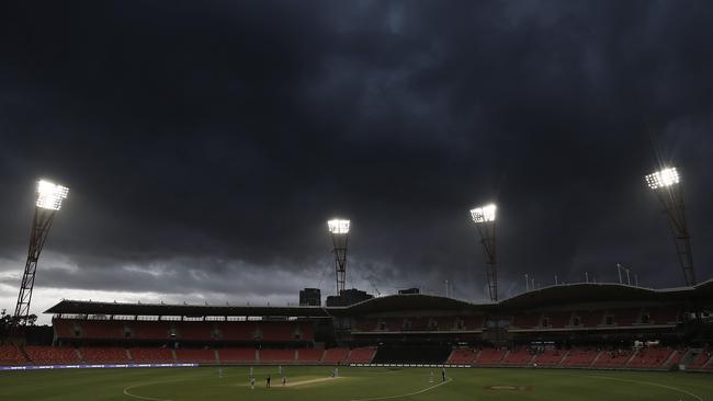 Storm clouds approach during the Women's Big Bash League WBBL match between the Brisbane Heat and the Hobart Hurricanes in Sydney. Picture: Ryan Pierse/Getty Images