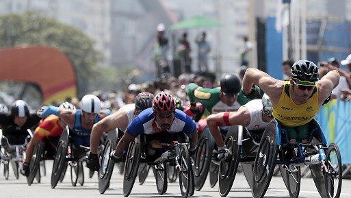 Wheelchair athletes at the start of the men’s marathon in Rio.