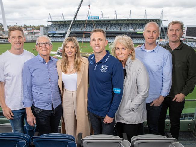 The Selwood family from left: Scott, Bryce, Brit, Joel, Maree, Troy and Adam at Joel’s 2022 retirement announcement. Picture: Jason Edwards