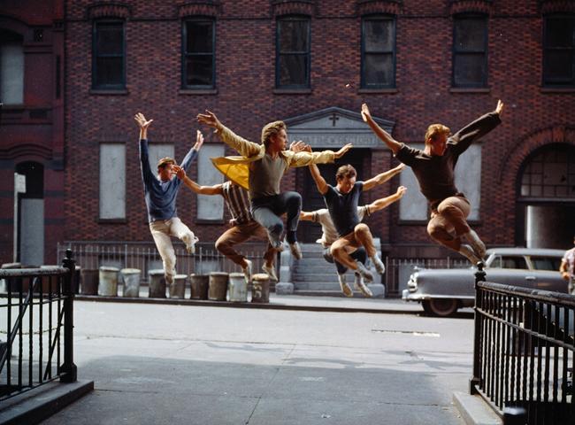 The male dance chorus in a scene from West Side Story.