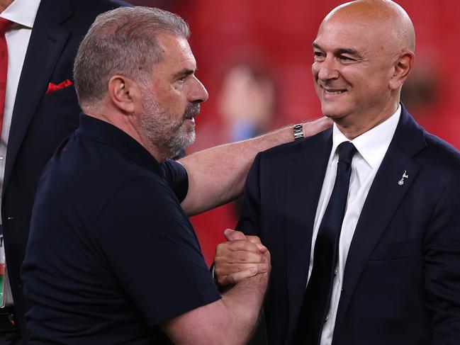 Daniel Levy, Chairman of Tottenham Hotspur, congratulates Ange Postecoglou following the UEFA Europa League Final 2025 between Tottenham Hotspur and Manchester United. Picture: Getty Images