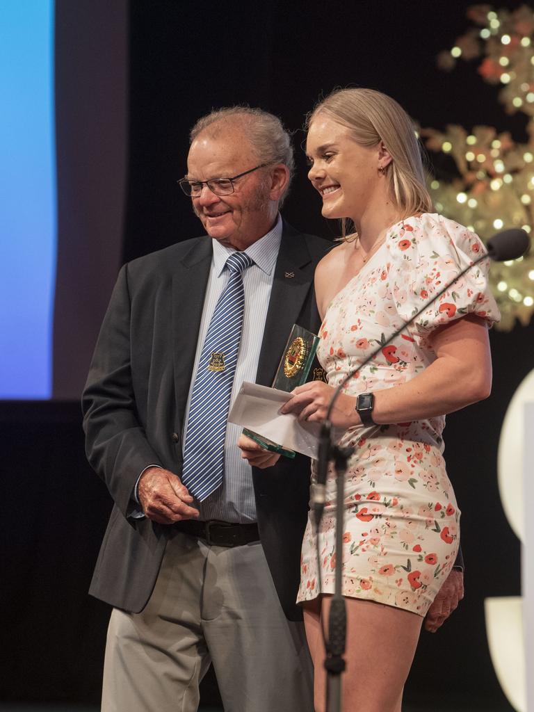 Tatum Stewart received the Senior Chase Your Dream award from Ed Britnell, City Golf Club. Sports Darling Downs Sports Stars of the Year dinner. Saturday, February 11, 2023. Picture: Nev Madsen.