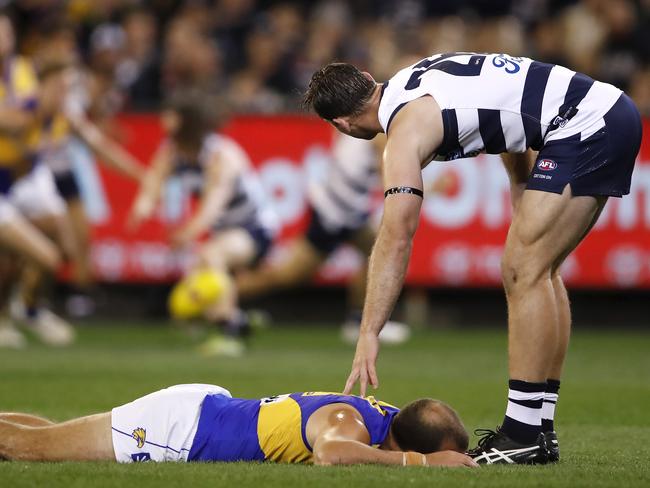 MELBOURNE, AUSTRALIA - SEPTEMBER 13: Tom Hawkins of the Cats checks on Will Schofield of the Eagles who lays injured during the 2019 AFL First Semi Final match between the Geelong Cats and the West Coast Eagles at the Melbourne Cricket Ground on September 13, 2019 in Melbourne, Australia. (Photo by Dylan Burns/AFL Photos via Getty Images)