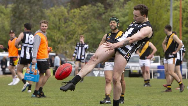 Cooper Nykamp kicks for goal during Hahndorf’s grand final win over Lobethal. Picture: Emma Brasier.