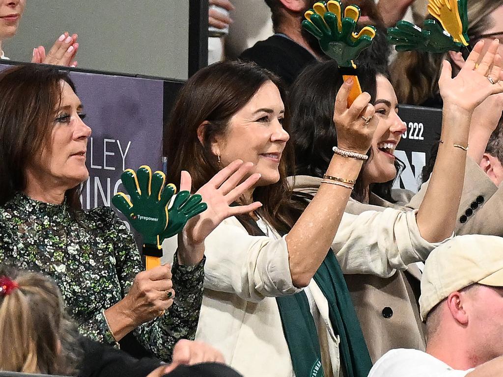 Princess Mary cheers the Jackjumpers during the round 12 NBL match between the Tasmania Jackjumpers and New Zealand Breakers in Hobart. Picture: Steve Bell/Getty Images