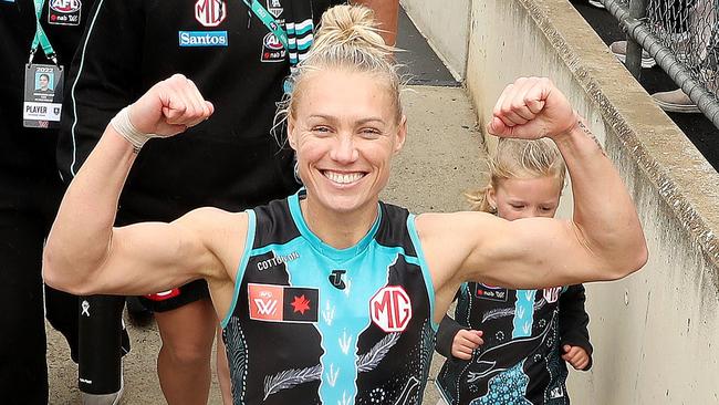 Superstar Erin Phillips walks off Alberton Oval after the Port Adelaide’s first ever win. Picture: Sarah Reed/AFL Photos via Getty Images