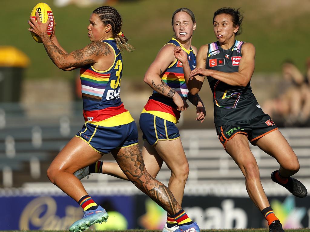 Anne Hatchard of the Crows during the AFLW Pride Round match against the GWS Giants and Adelaide Crows at Henson Park. Picture: Phil Hillyard