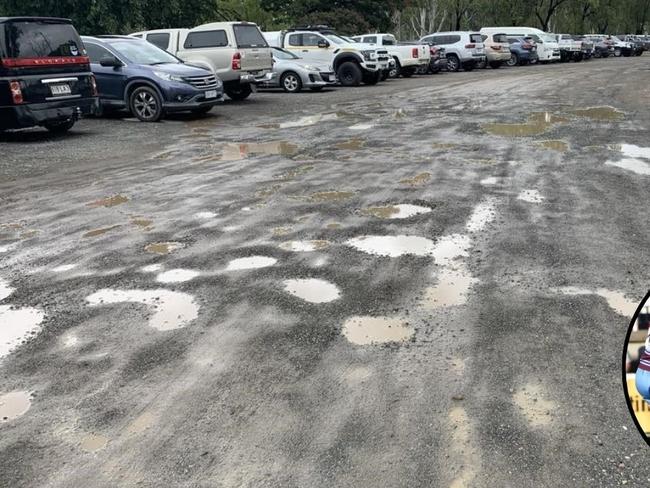 The carpark at Rockhampton's Rugby Park, which is the temporary home of the CQ Capras, is filled with potholes.