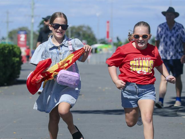 Left to right: Willow Hussell (8) and Georgia Lee (8) before the Gold Coast Swans take on the Sydney Swans at People First Stadium, Carrara. Picture: Glen Campbell