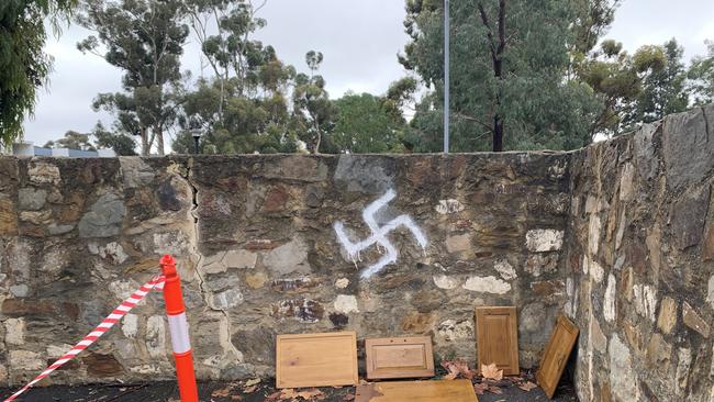 Shameless anti-Semitism has become ever-present and tolerated. The Nazi swastika is pictured graffitied outside a supermarket in South Australia. Picture: Supplied