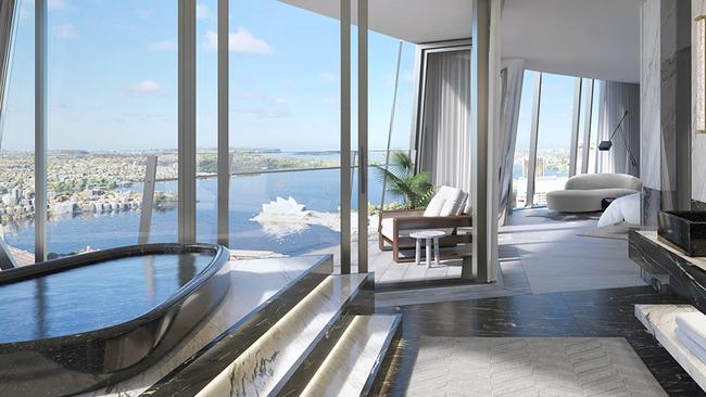 An artist’s impression of the interior of one of the luxury two-level residences in the Crown Sydney building at Barangaroo.