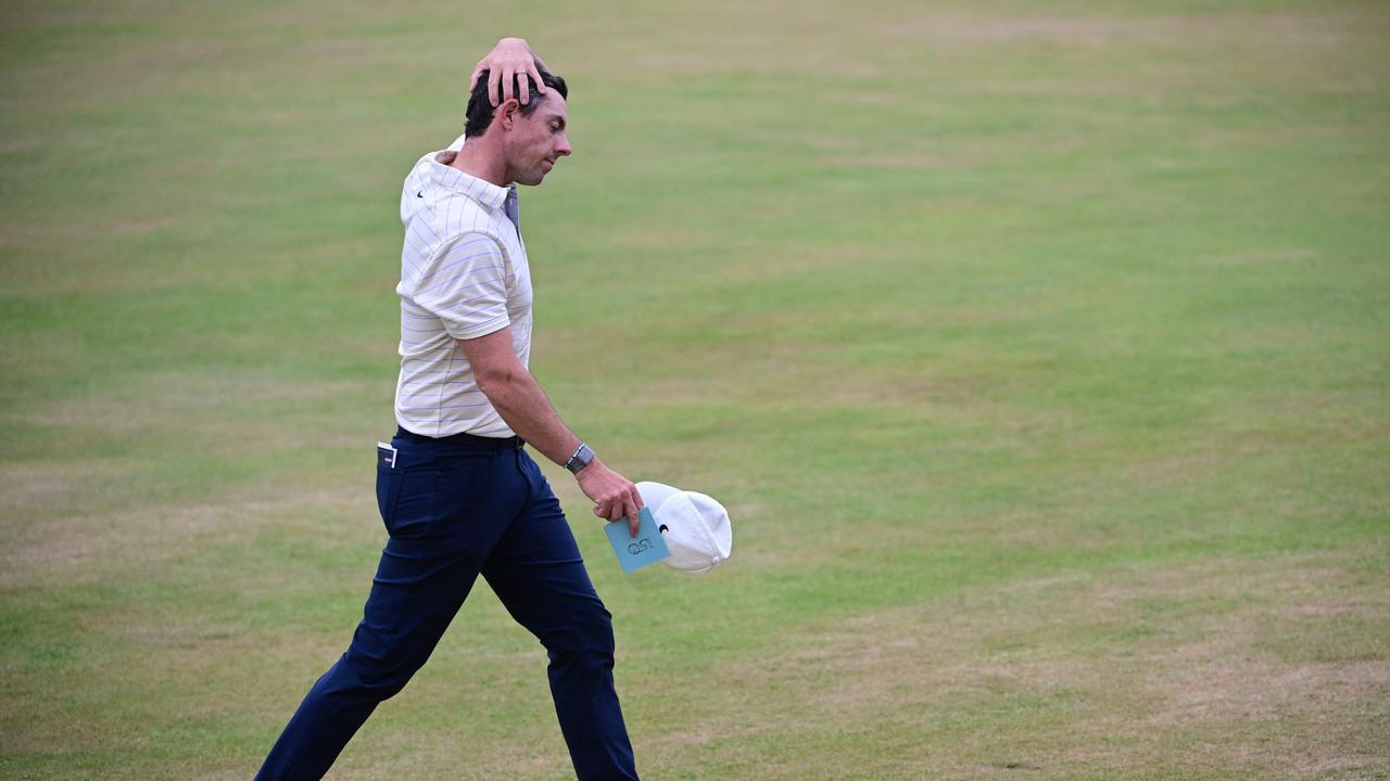 Northern Ireland's Rory McIlroy reacts on the 18th green after his final round on day 4 of The 150th British Open Golf Championship on The Old Course at St Andrews in Scotland on July 17, 2022. (Photo by Andy Buchanan / AFP)