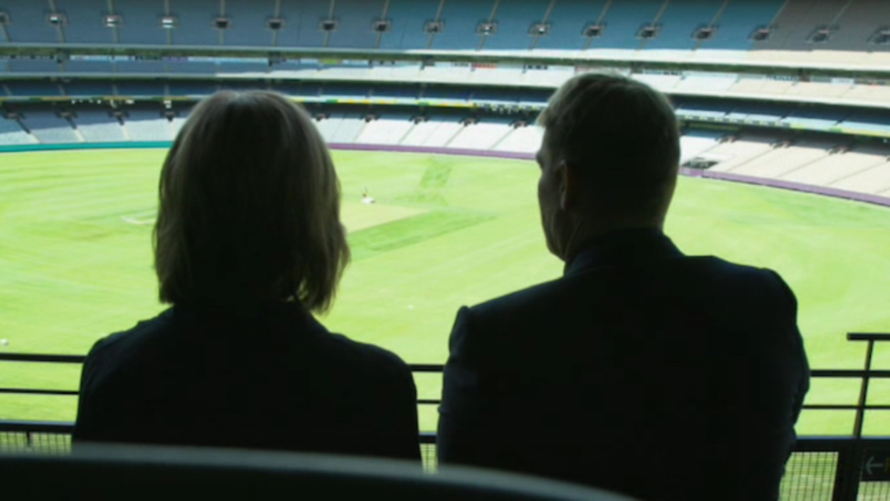 Shane Warne sits with Leigh Sales at the MCG for ABC's 7.30.