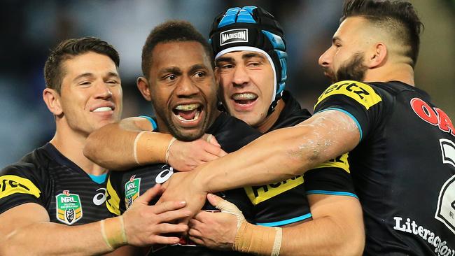 James Segeyaro celebrates a try for Penrith during the Canterbury Bulldogs v Penrith Panthers NRL round 21 game at ANZ Stadium, Homebush. pic Mark Evans