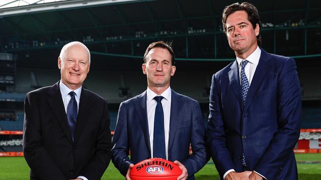 Richard Goyder, Andrew Dillon and Gillon McLachlan. Picture: Getty Images