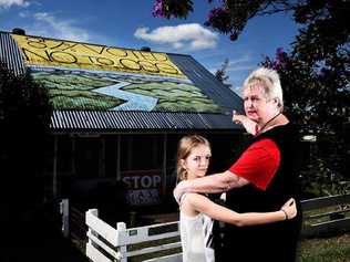 COUNCIL ACTION: Jenny Leunig with her granddaughter Kiah McCarthy, 8, in front of her artwork which she is hoping to keep attached to the roof of her house on the Bruxner Hwy in Goonellabah. Picture: Marc Stapelberg