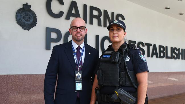 Queensland Police Union president Shane Prior with Far North region executive union member senior sergeant Rebecca Prior outside the Cairns Police Headquarters on Sheridan St. Picture: Peter Carruthers