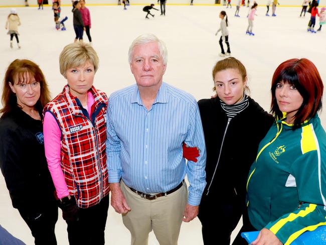 Skating coaches Cathy Evans and Liudmila Kuztnezova, Macquarie Ice Rink owner Dr Frank Gregg, star skater Chantelle Kerry and her mother, former Winter Olympian and skating director Monica MacDonald stand firm in opposition to AMP’s plan to bulldoze the centre. Picture: AAP IMAGE/ Angelo Velardo