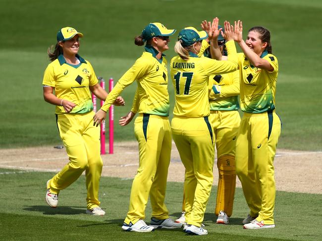 Georgia Wareham of Australia celebrates with her teammates. Picture: Getty