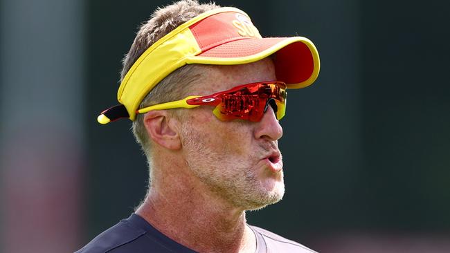 GOLD COAST, AUSTRALIA - FEBRUARY 19: Head coach Damien Hardwick during a Gold Coast Suns Training Session at Heritage Bank Stadium on February 19, 2024 in Gold Coast, Australia. (Photo by Chris Hyde/Getty Images)