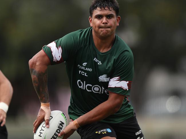 Latrell Mitchell and James Roberts during South Sydney NRL training at Redfern Oval, Sydney. Picture: Brett Costello