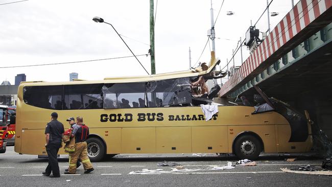 The bus Jack Aston drove into a bridge on Montague Street was peeled back up to five rows. Picture: Hamish Blair