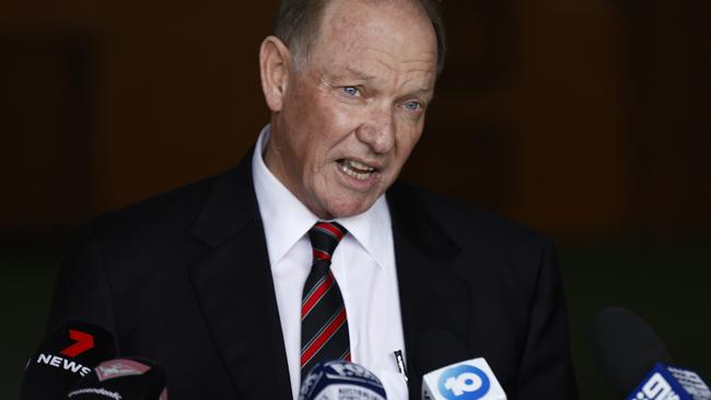 Essendon chairman David Barham speaks at The Hangar on Friday morning. Picture: Darrian Traynor/Getty Images