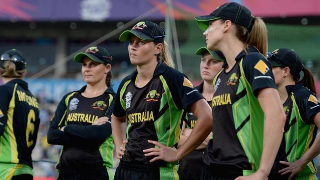 Australian captain Meg Lanning watches the post match presentations after losing the Women's ICC World Twenty20.