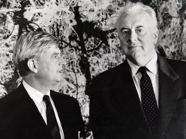 James Mollison and former Prime Minister Gough Whitlam with Jackson Pollock’s Blue poles.