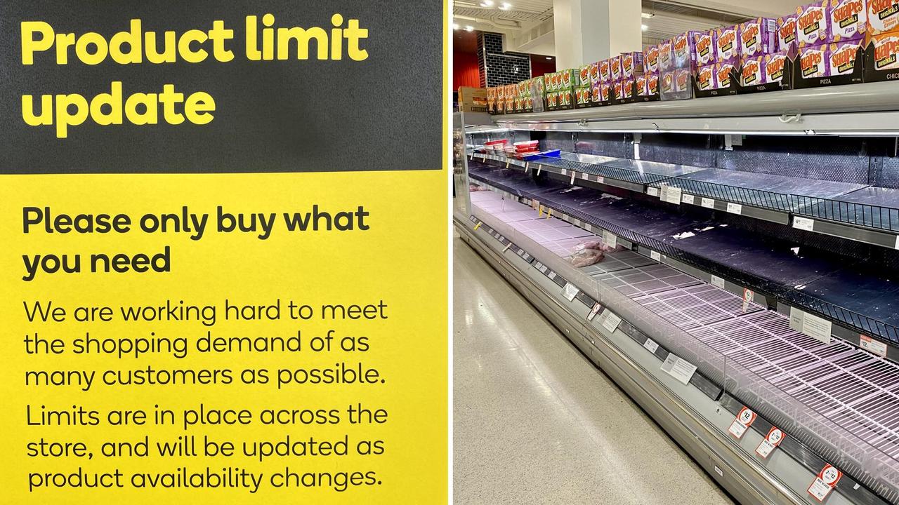 Woolworths have started placing limits on certain items as shelves in the meat section at a Queensland Coles is nearly empty. Picture: Sarah Marshall