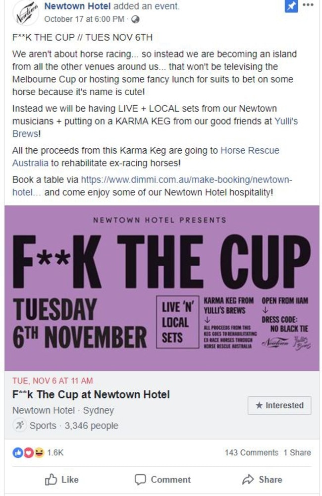 The Newtown Hotel received backlash for its anti-Melbourne Cup day event. 