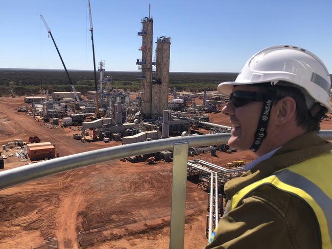 Chief Minister Michael Gunner surveying the works of the Jemena gas pipeline and compressor station at Tennant Creek.