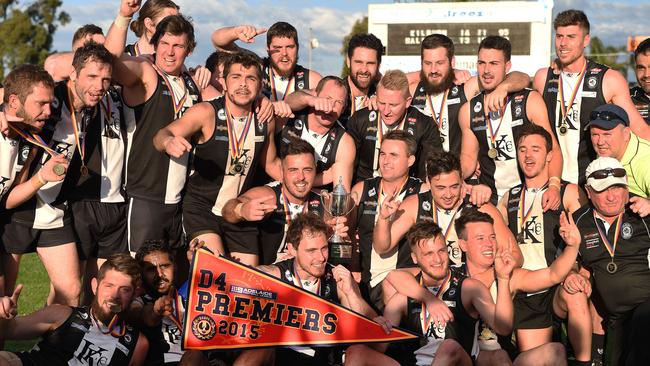 Kilburn players celebrate after winning the 2015 division four premiership. Picture: Roger Wyman