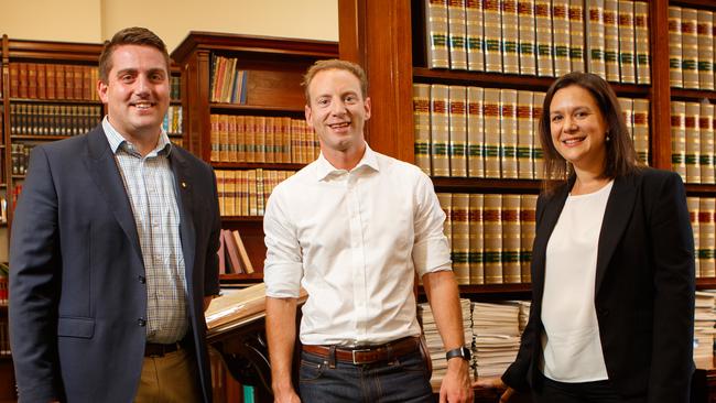 Shadow treasurer Matt Cowdrey, Liberal leader David Speirs, and Liberal finance spokeswoman Heidi Girolamo at Parliament House. Picture Matt Turner.