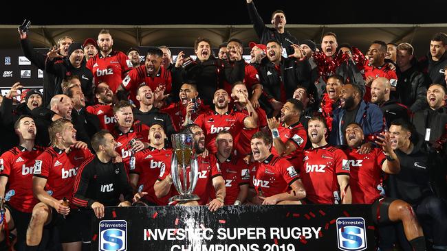 The victorious Crusaders after their Super Rugby title win. Picture: Getty Images