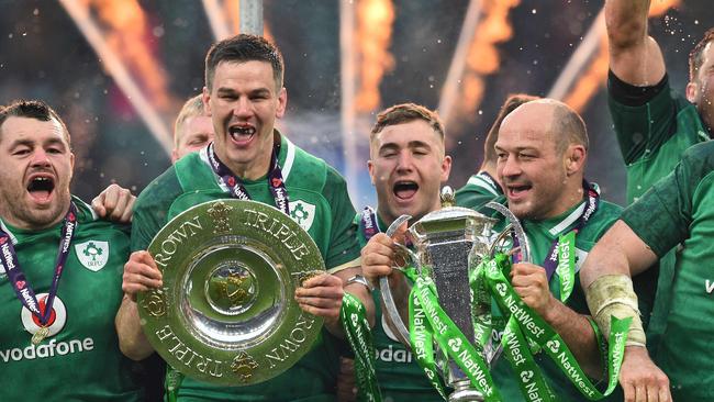 Ireland celebrate beating England and winning the Six Nations and grand slam.