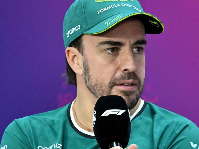 Aston Martin's Spanish driver Fernando Alonso attends a press conference during the second day of the Formula One pre-season testing at the Bahrain International Circuit in Sakhir on February 22, 2024. (Photo by Andrej ISAKOVIC / AFP)