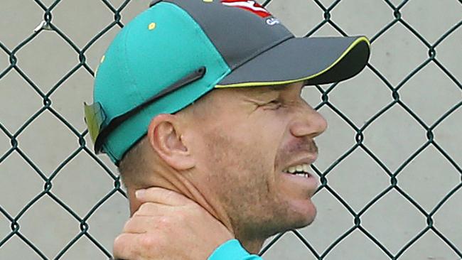 David Warner showing discomfort at Ashes training.