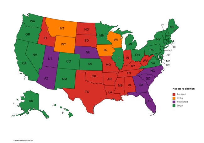 The current status of abortion access in the United States.