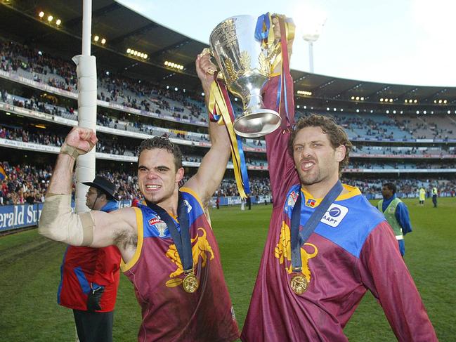 Corey McGrath and Darryl white celebrate. 2003 Grand Final. Collingwood v Brisbane Lions. MCG.