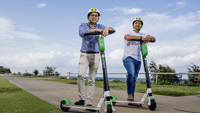 Lime Scooters are set to arrive on the Gold Coast. Nelson Savanh, and Vinicius Campos show off the new scooters. Picture: Jerad Williams