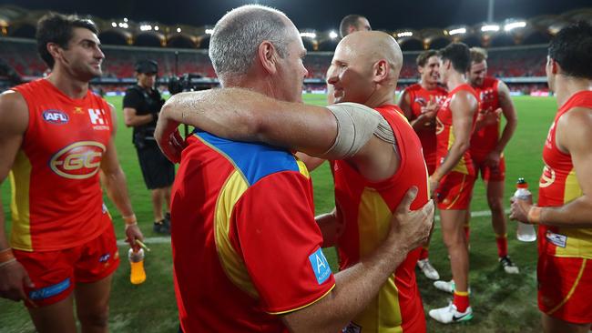 Rodney Eade and Gary Ablett celebrate the win over Hawthorn.