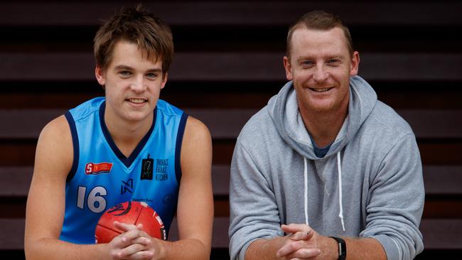 Father-son prospect Casey Voss with his dad, Brisbane Lions great and Port assistant coach Michael Voss at Unley Oval. Picture Matt Turner.